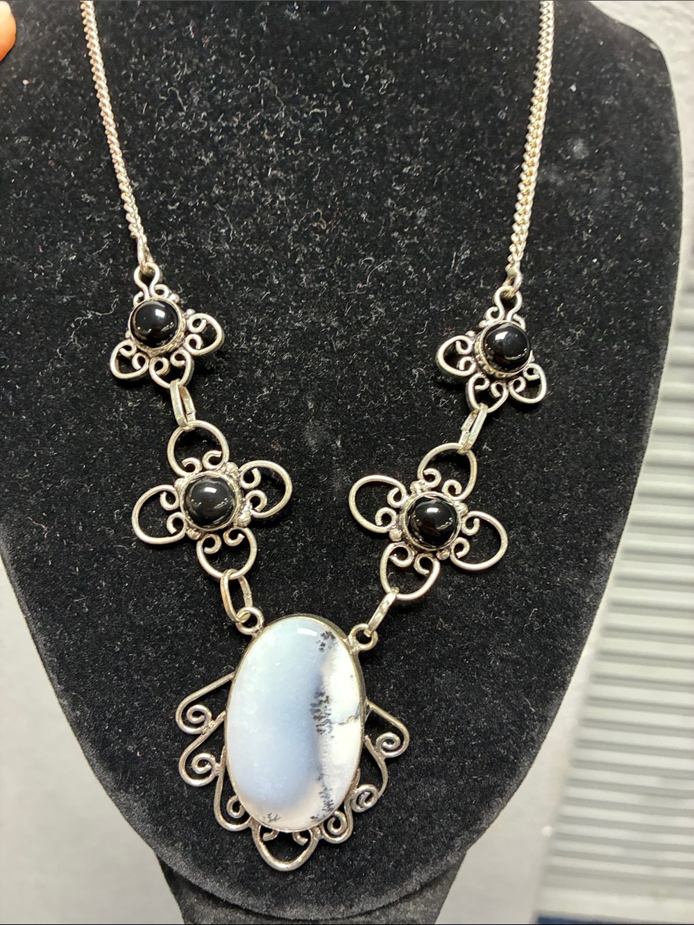 Dendritic Opal and Onyx in Sterling Silver Filigree Setting 22” Necklace